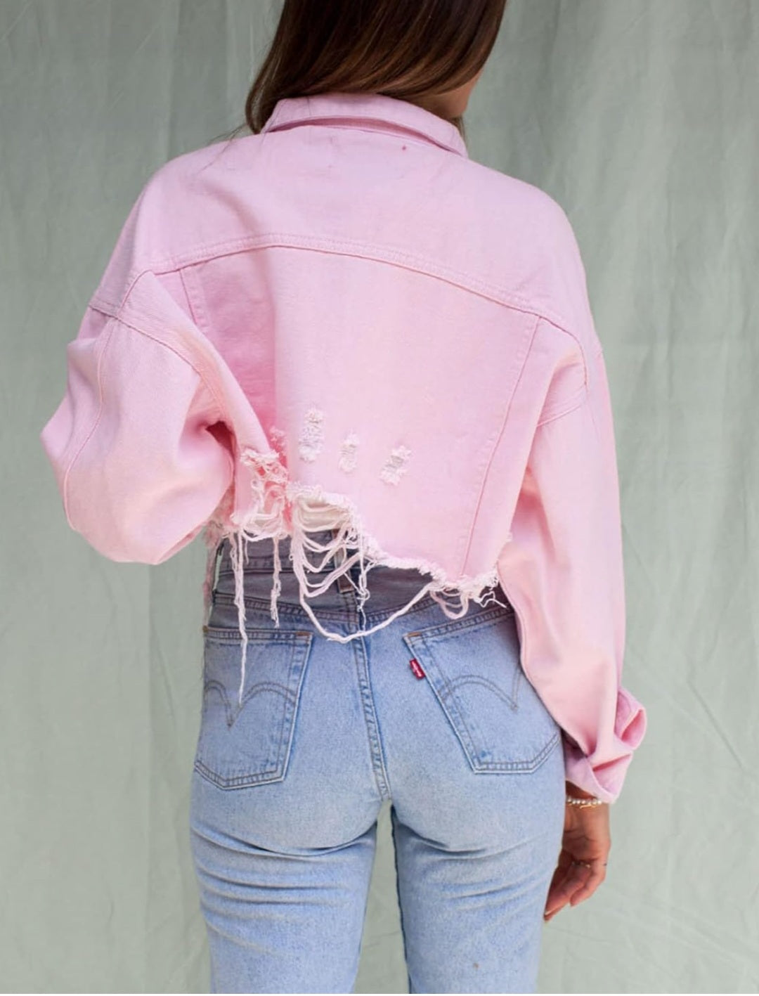 Western Pink Cropped Denim Distressed Jacket