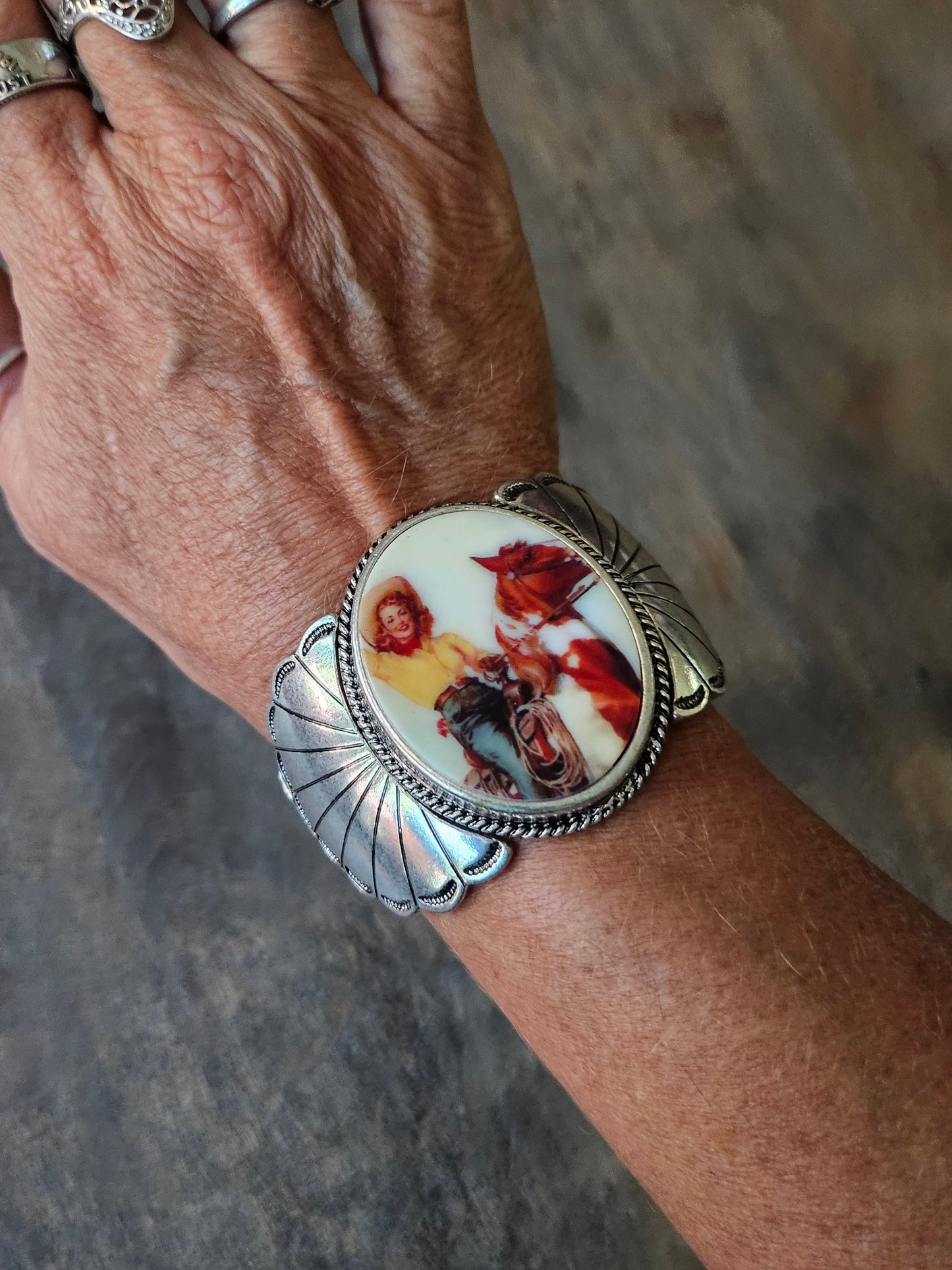 Western Vintage Silver Cowgirl Portrait Cuff Stretch Bracelet