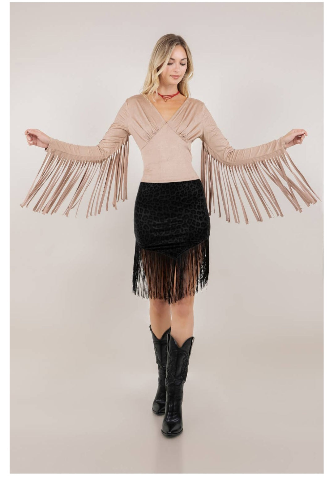 TAN FRINGE SLEEVE SUEDE FABRIC TOP
