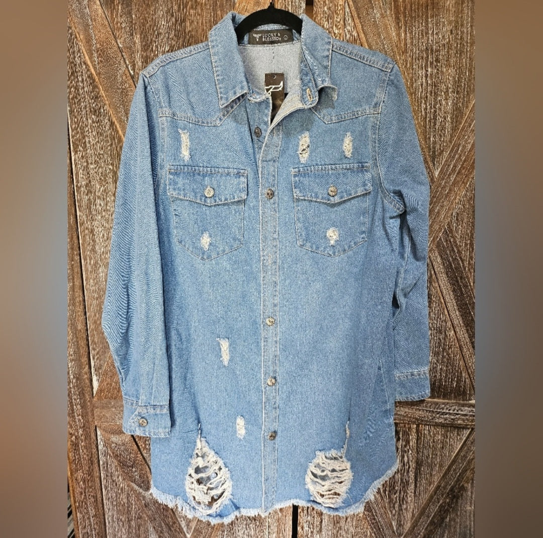 Stylish Distressed Light Blue Denim Jacket Top