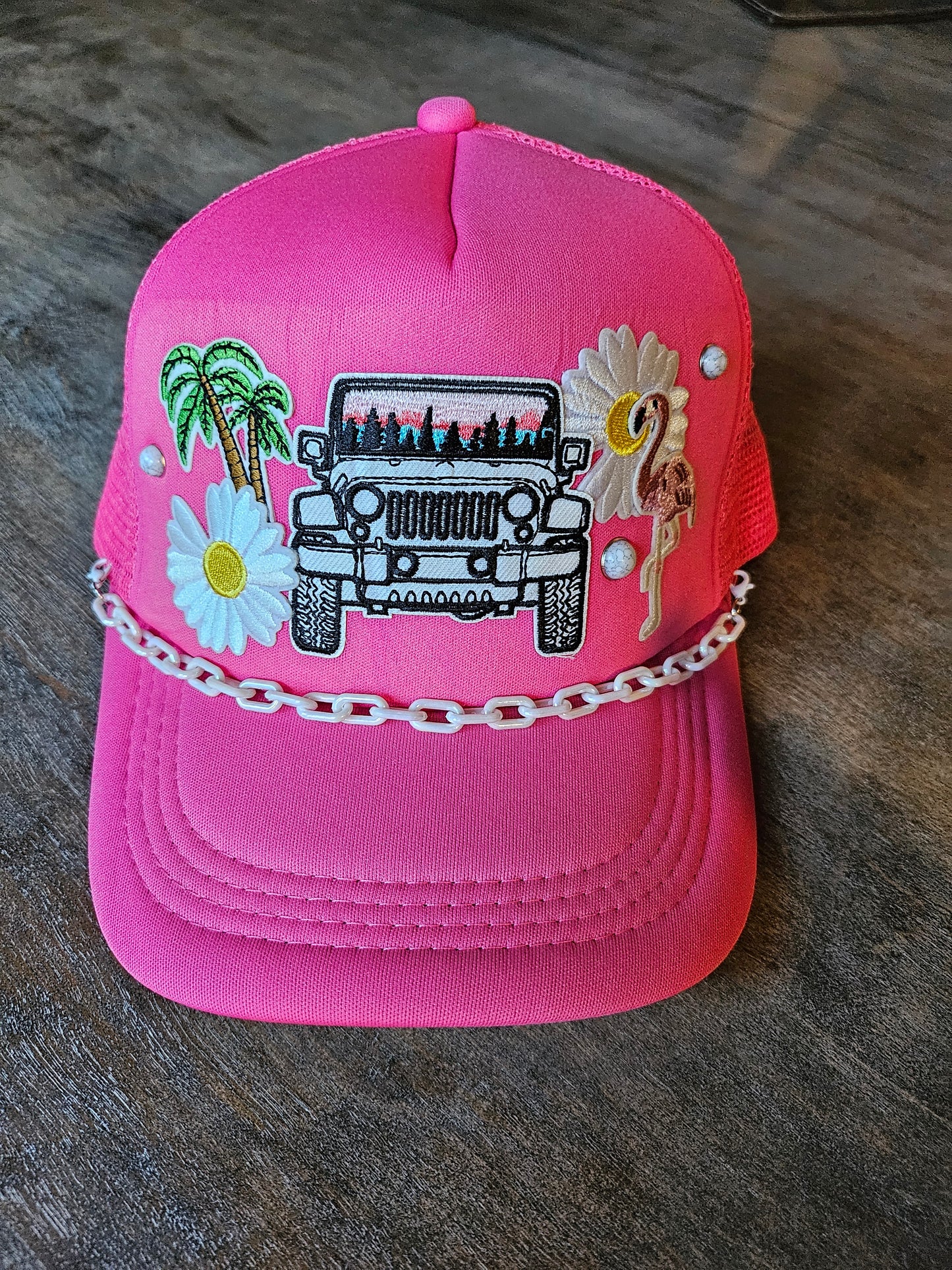 Custom hot pink jeep trucker hat