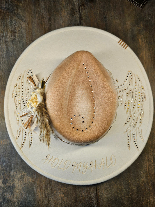 Ivory hand burned fedora cowboy hat with rhinestones