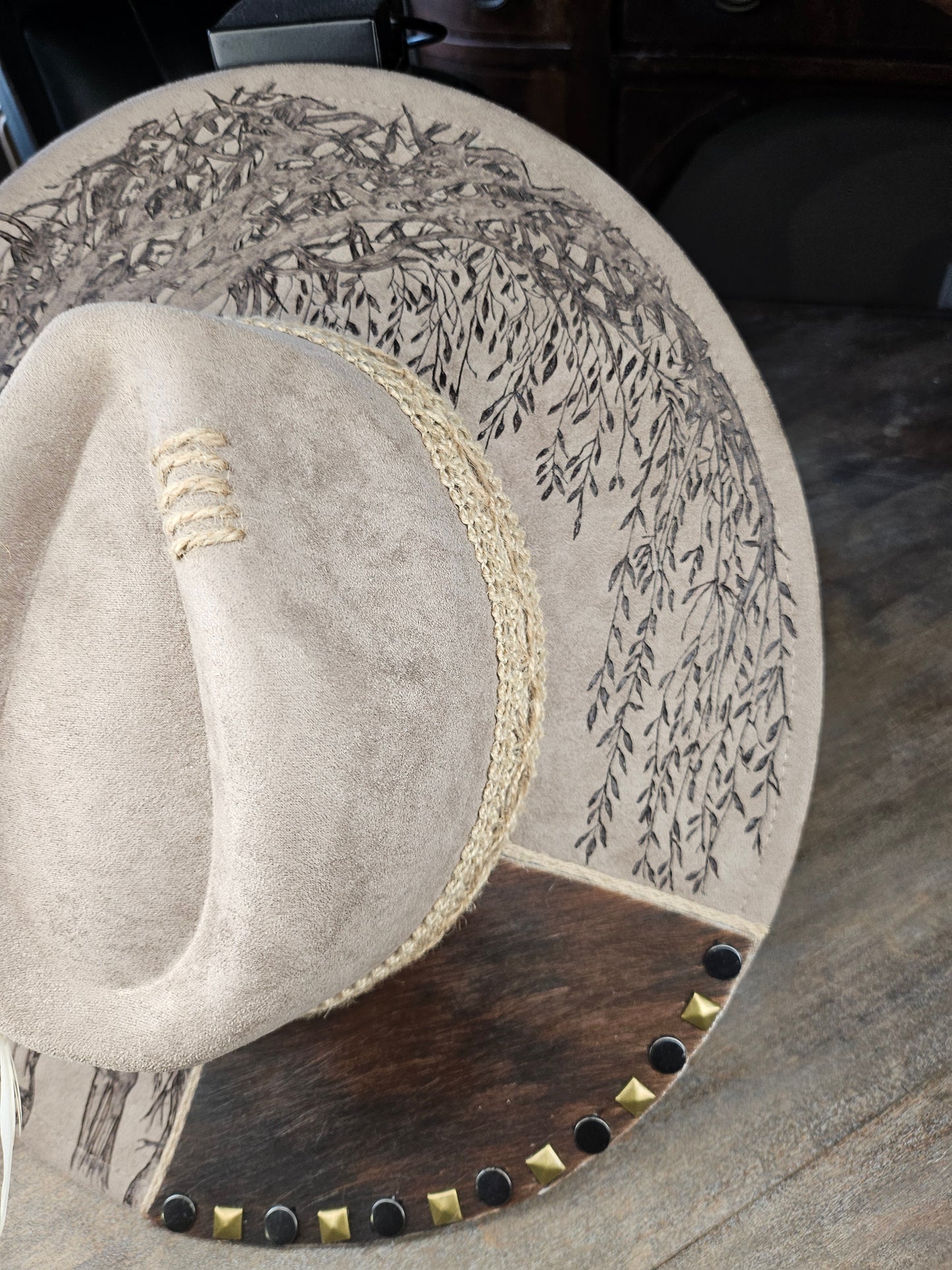 Taupe Fedora Hat hand burned with a horse under a weeping willow