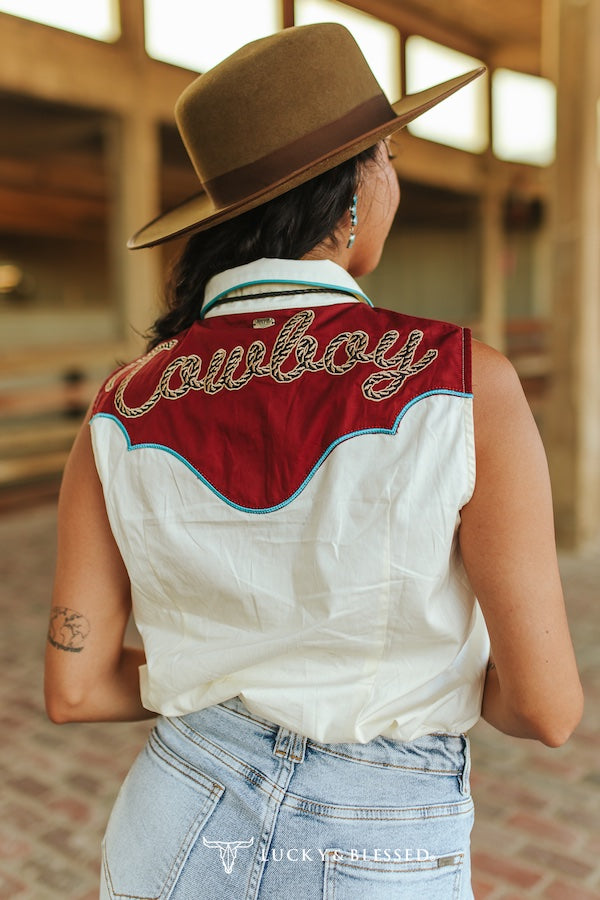 Ivory Western Yoke Button Down Embroidered Sleeveless Shirt