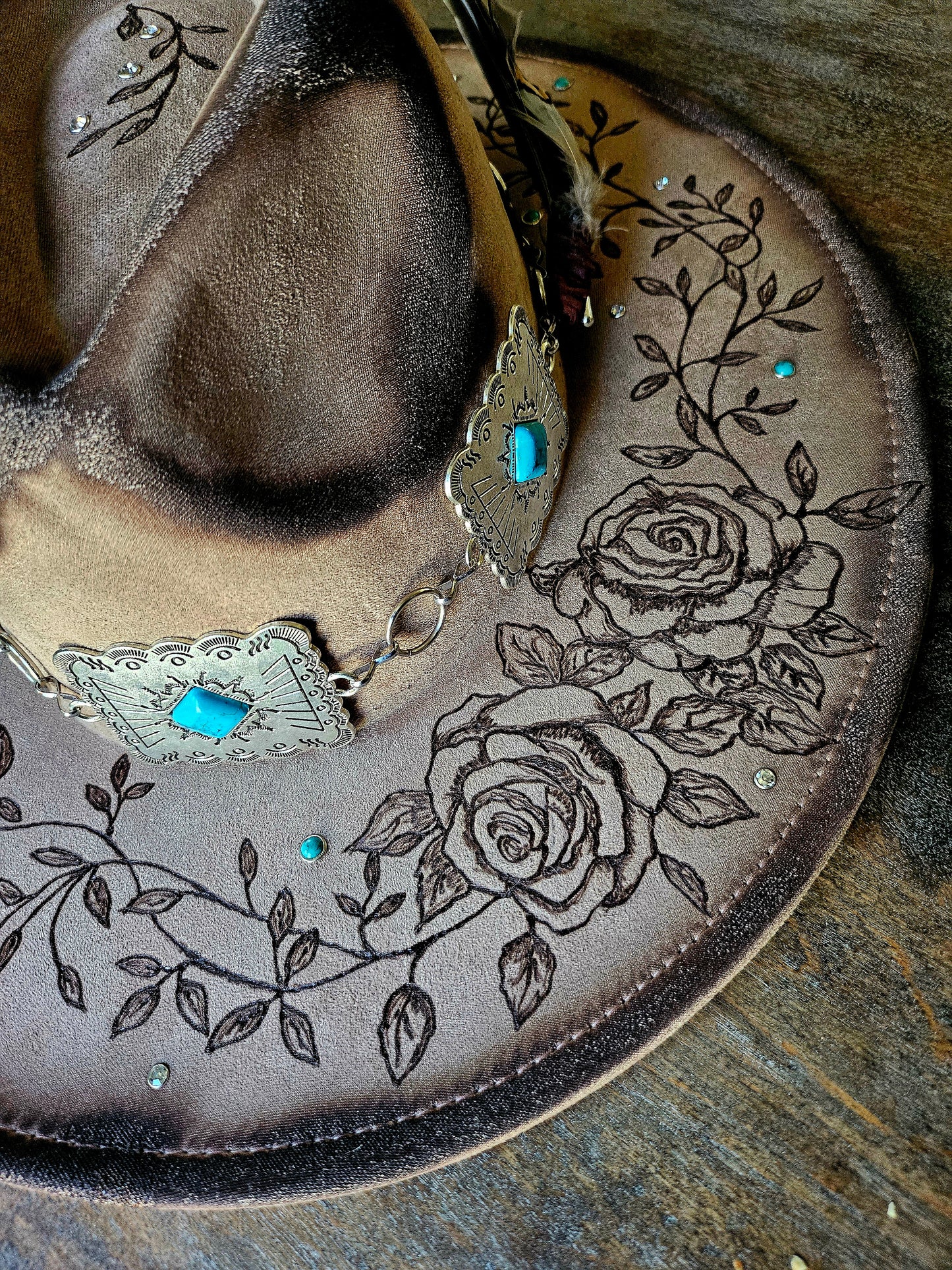 Handcrafted Western Cowboy Hat-Floral Tooled Leather & Feather Accent