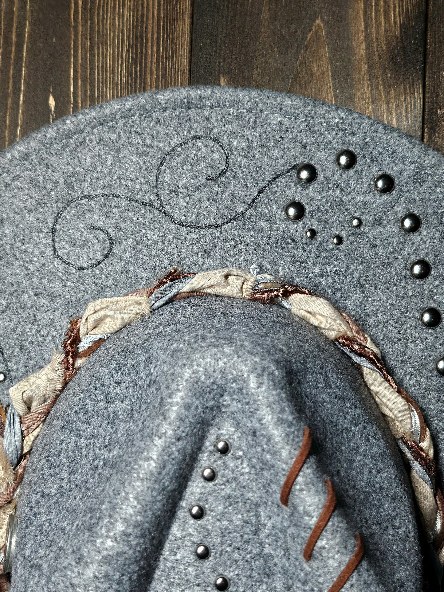 Grey felt Burned Fedora with embossed leather