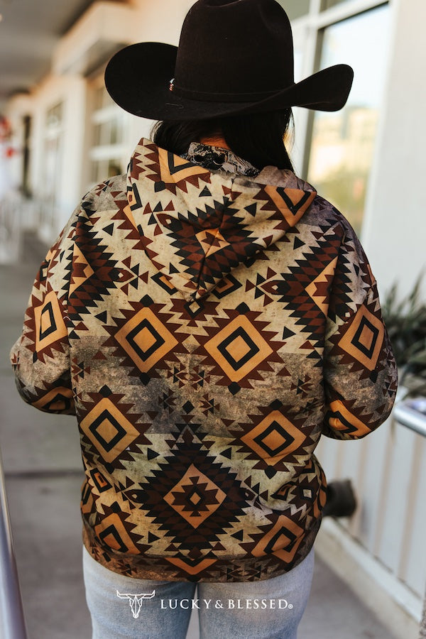 Western Brown Vintage Aztec Printed Drawstring Hoodie