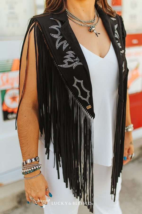 Black Boot-stitched Embroidered Western Cape W Fringe