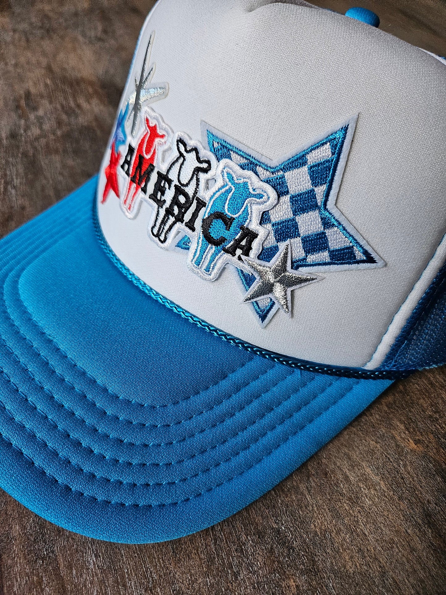 Red, white, and blue trucker hats