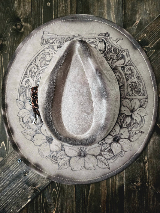 Taupe hand burned fedora cowboy hat a gun and Lilly's