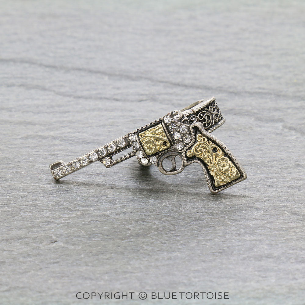 Western Silver and Gold Rhinestone Pistol Stretch Ring
