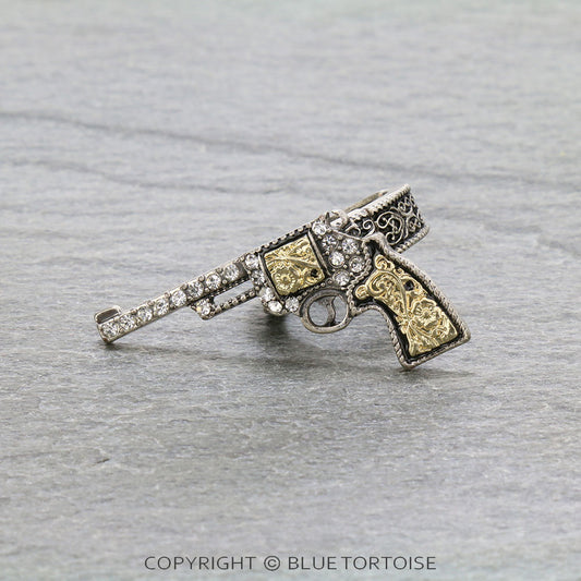 Western Silver and Gold Rhinestone Pistol Stretch Ring