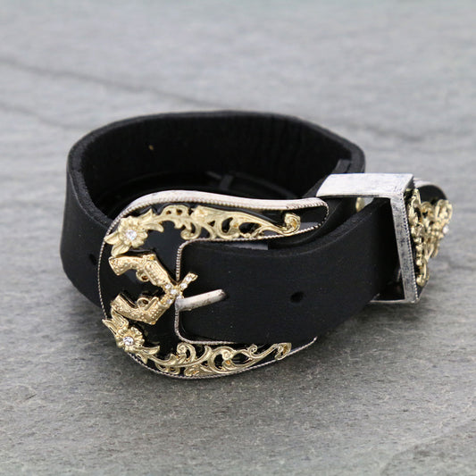 Black Western Gold And Silver Buckle Bracelet