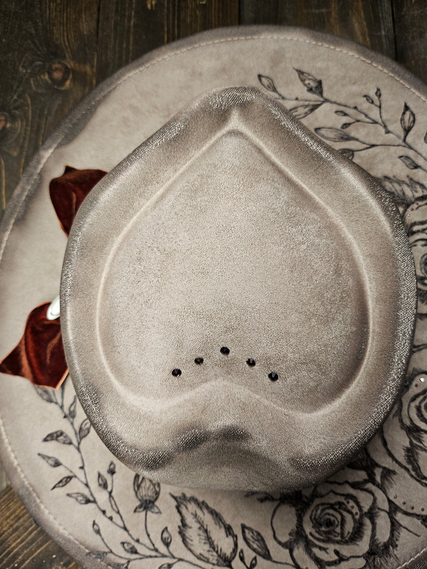 Beige valentines heart fedora  custom hand burned with roses and rhinestones.