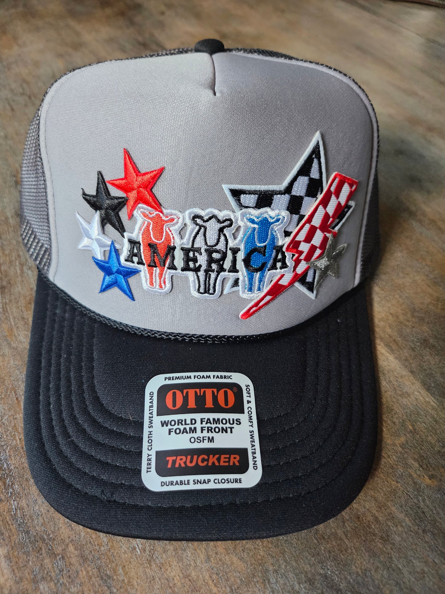 Red, white, and blue trucker hats