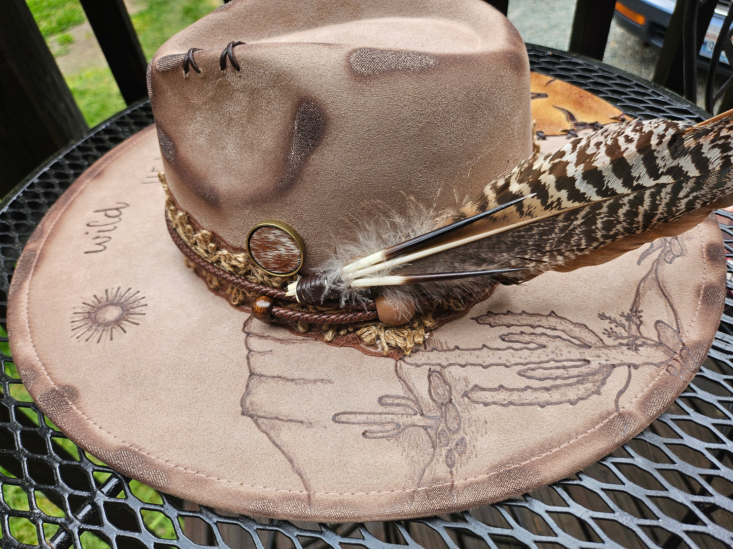 Wild heart desert scape burned Fedora cowboy hat.