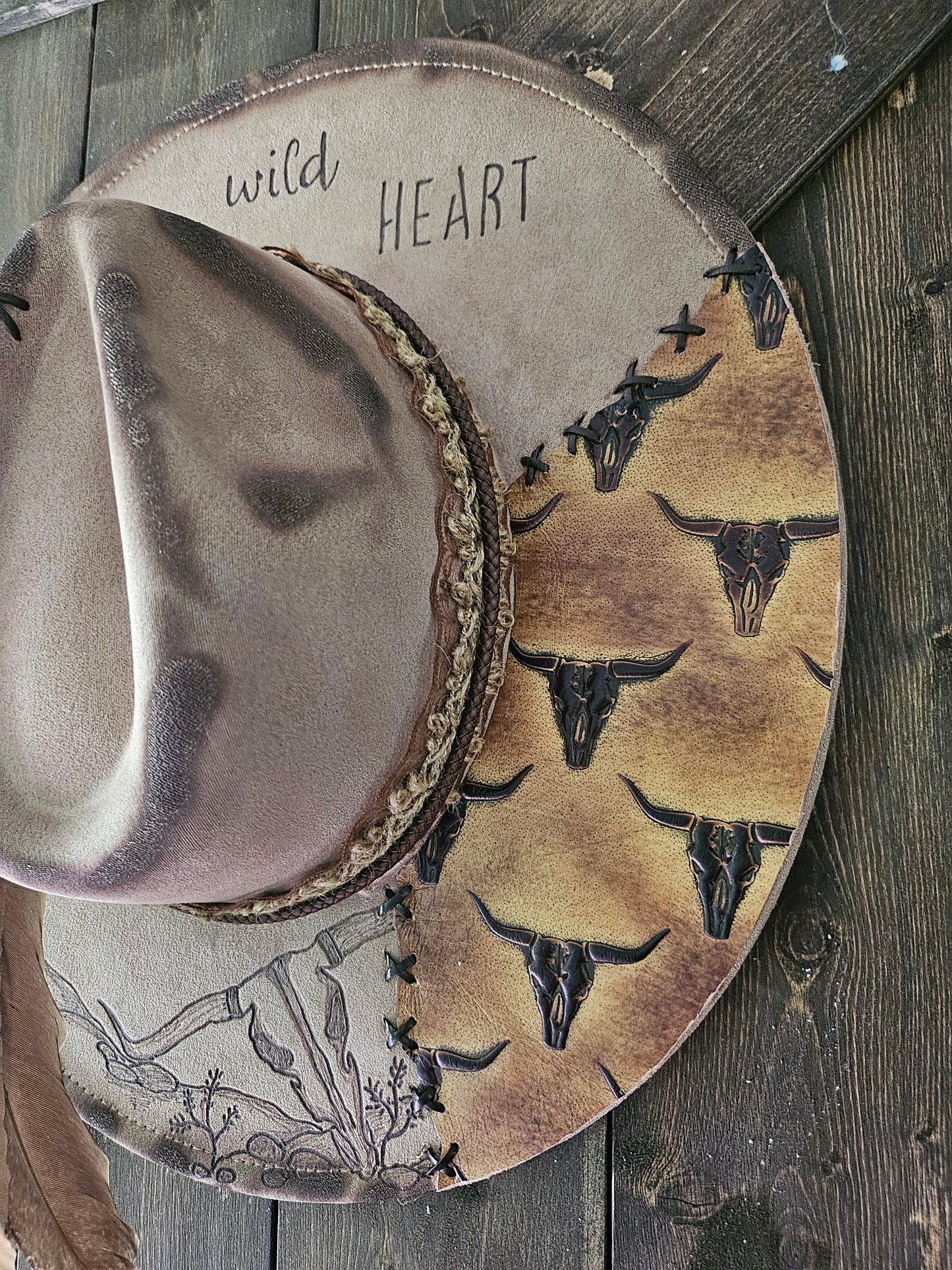 Wild heart desert scape burned Fedora cowboy hat.