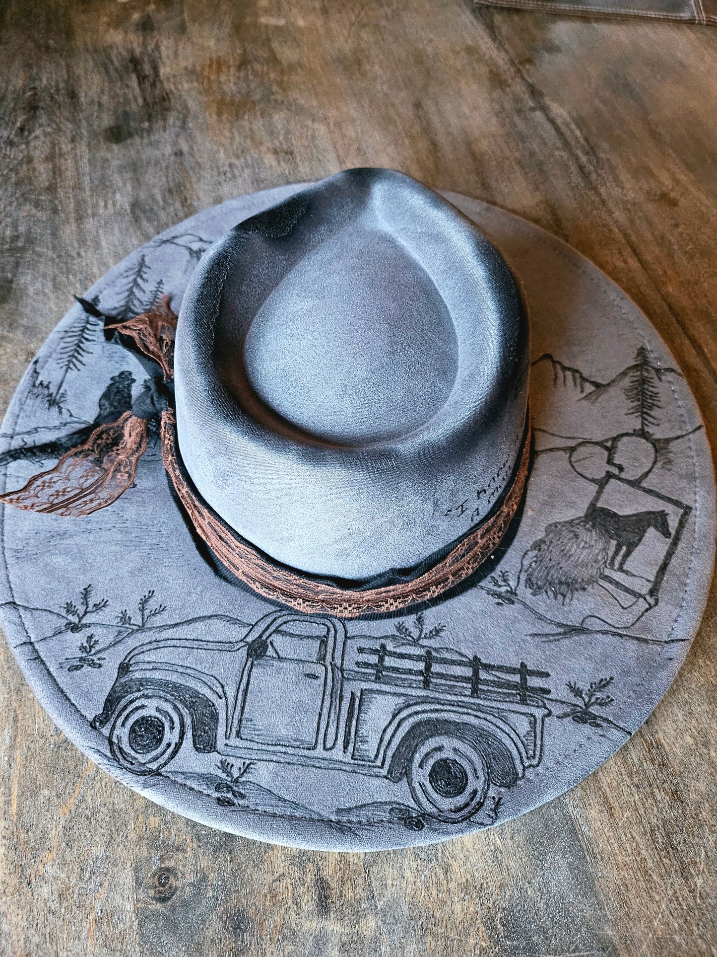 Grey hand burned fedora cowboy hat