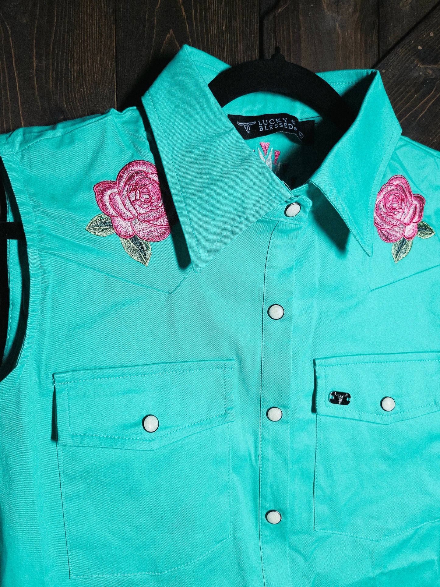 Turquoise Pearl Snap Button Down Floral Embroidered Sleeveless Stretch Tunic Dress