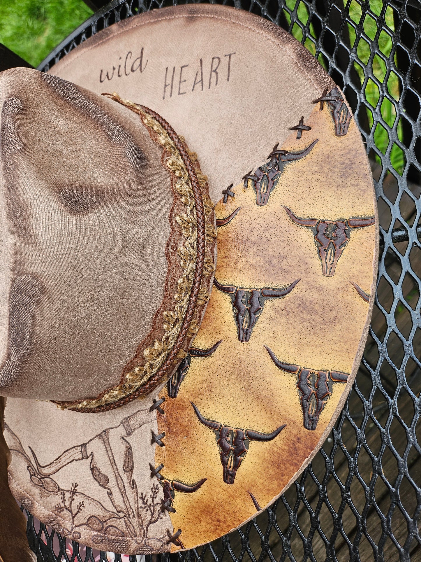 Wild heart desert scape burned Fedora cowboy hat.