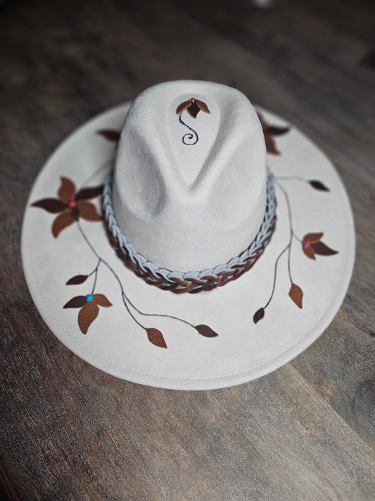 Meet "Virginia Bell" hand burned fedora with leather flowers