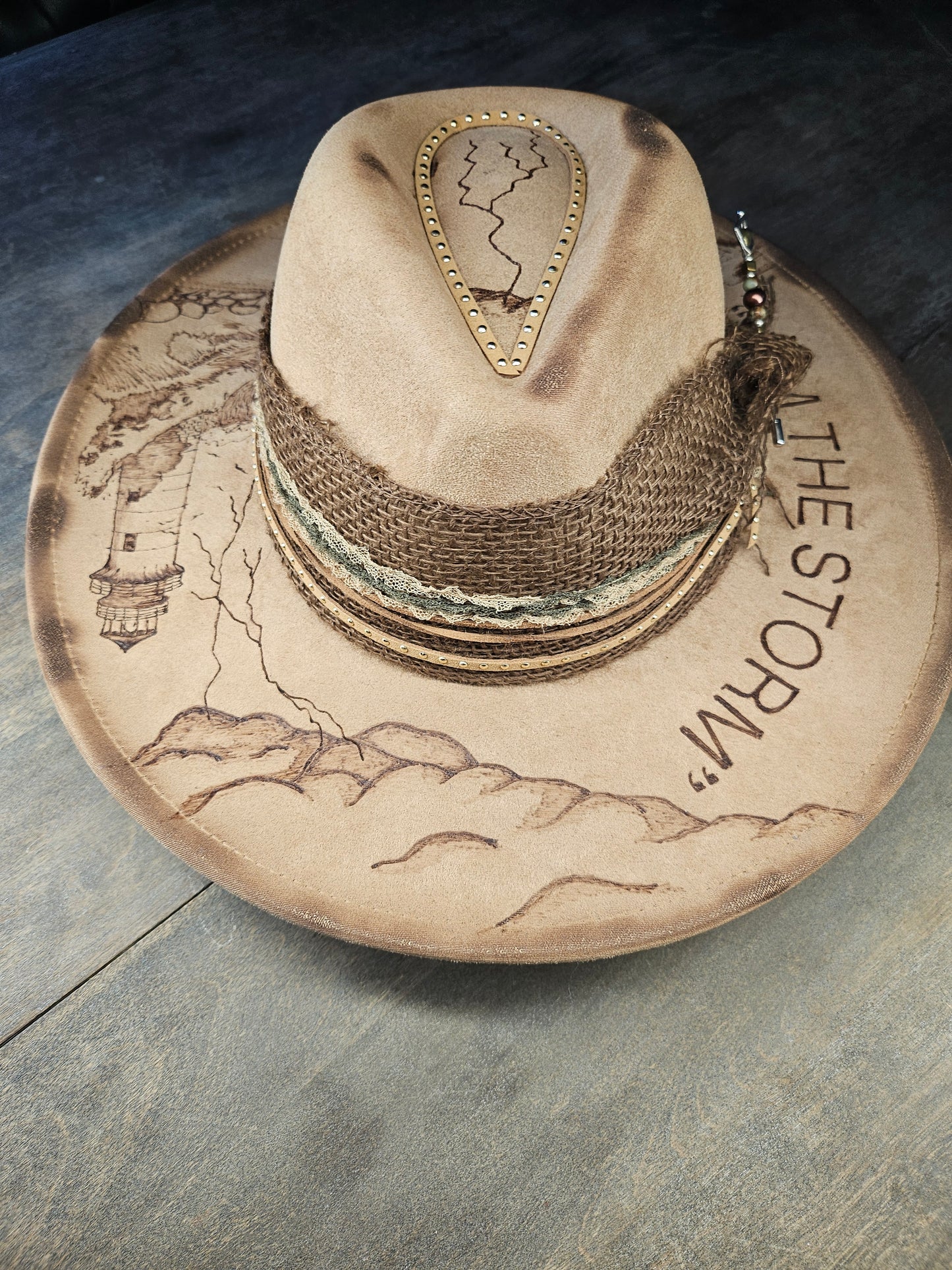 Beige fedora cowboy hat "I am the storm" faux suede