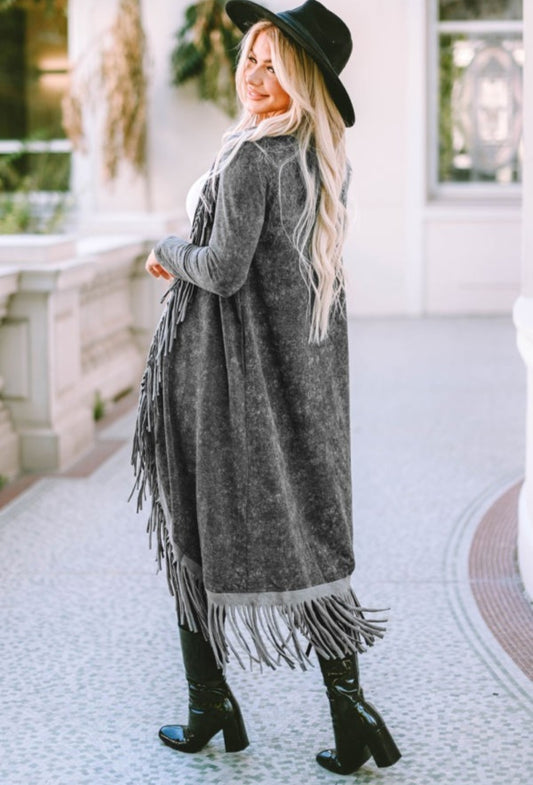 Long open front pocket Fringe tassel cardigan jacket