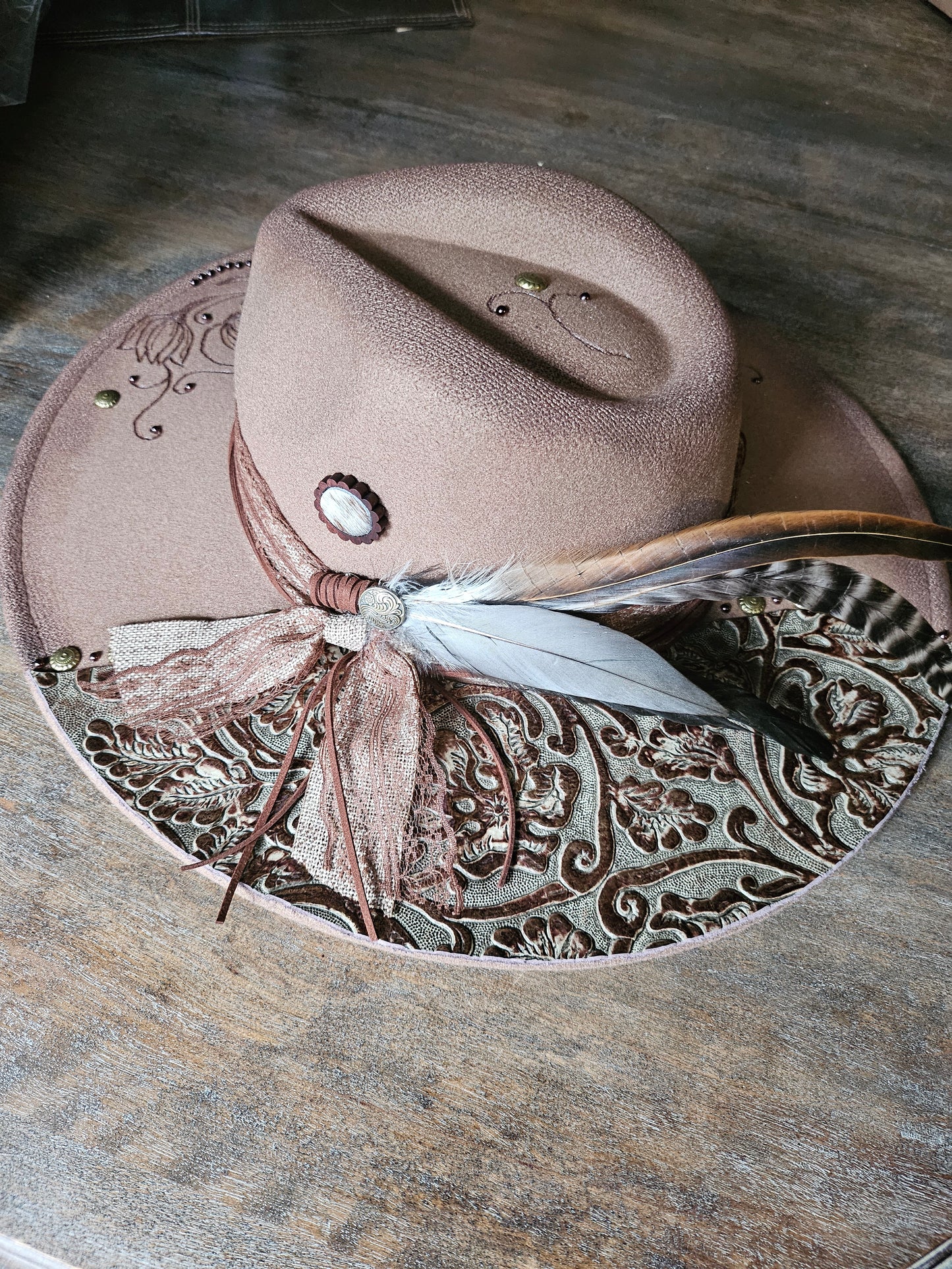 Hand Burned Dark Taupe Fedora Cowboy Hat