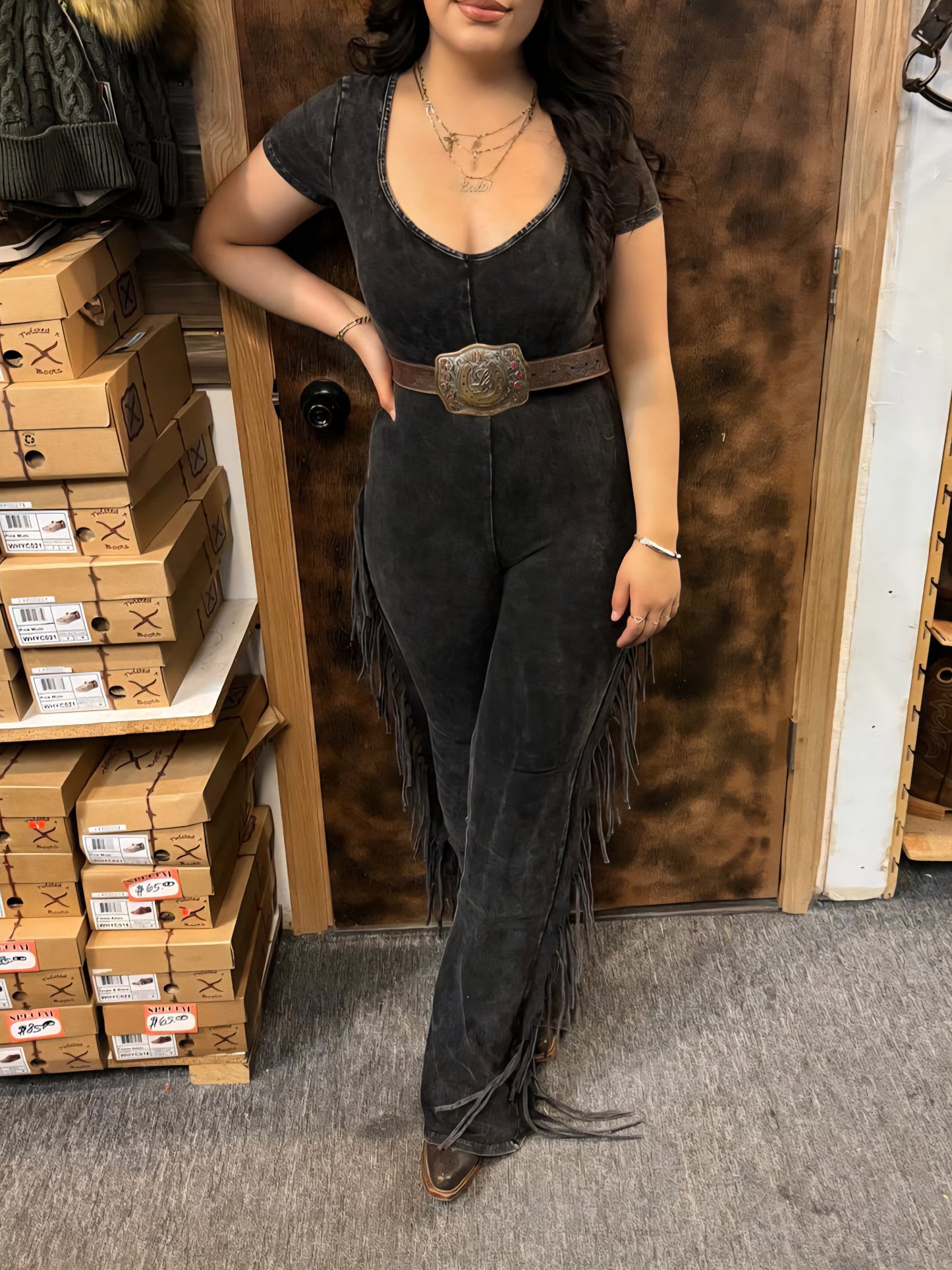 Black Mineral washed fringed jumpsuit