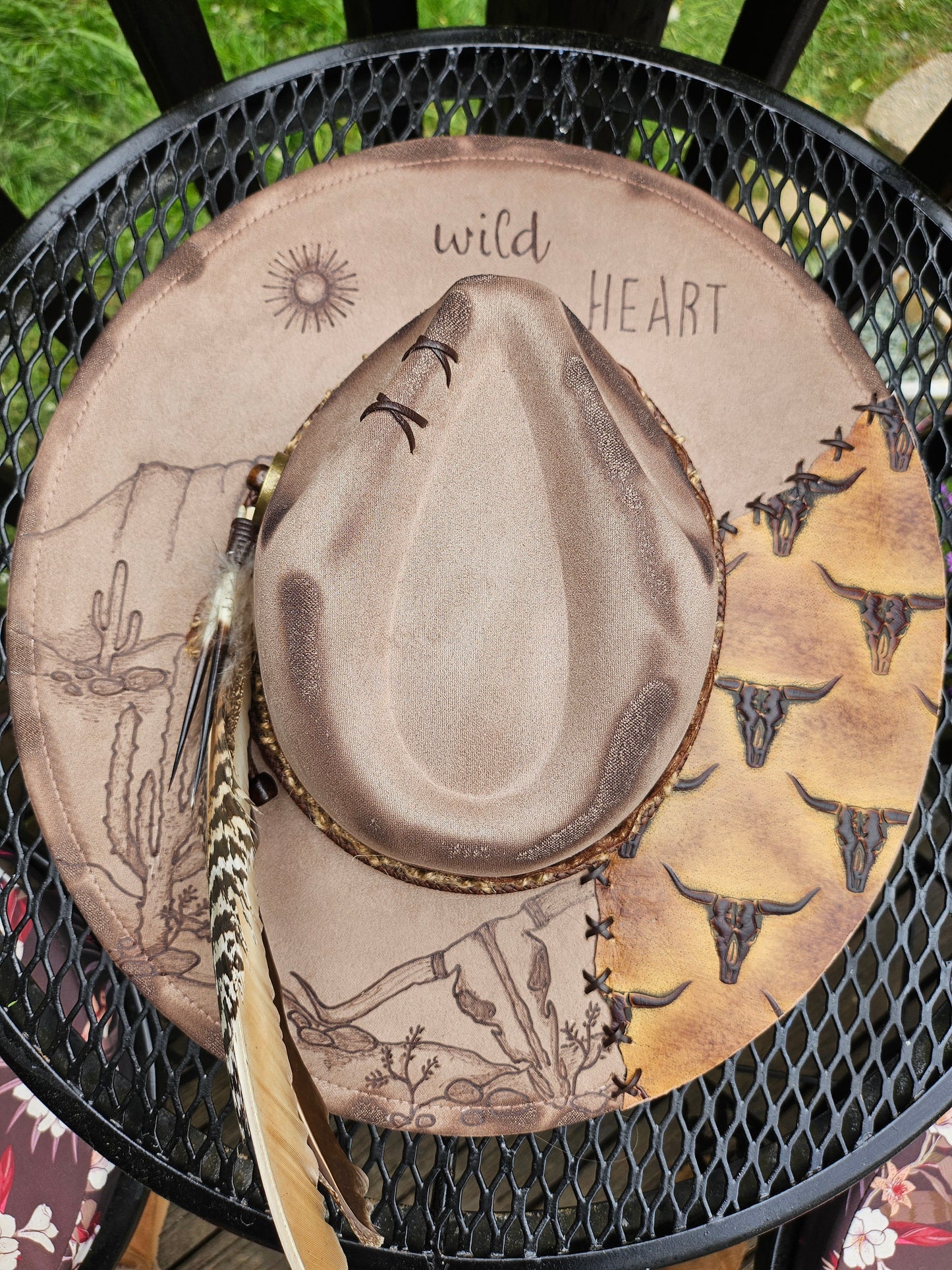 Wild heart desert scape burned Fedora cowboy hat.