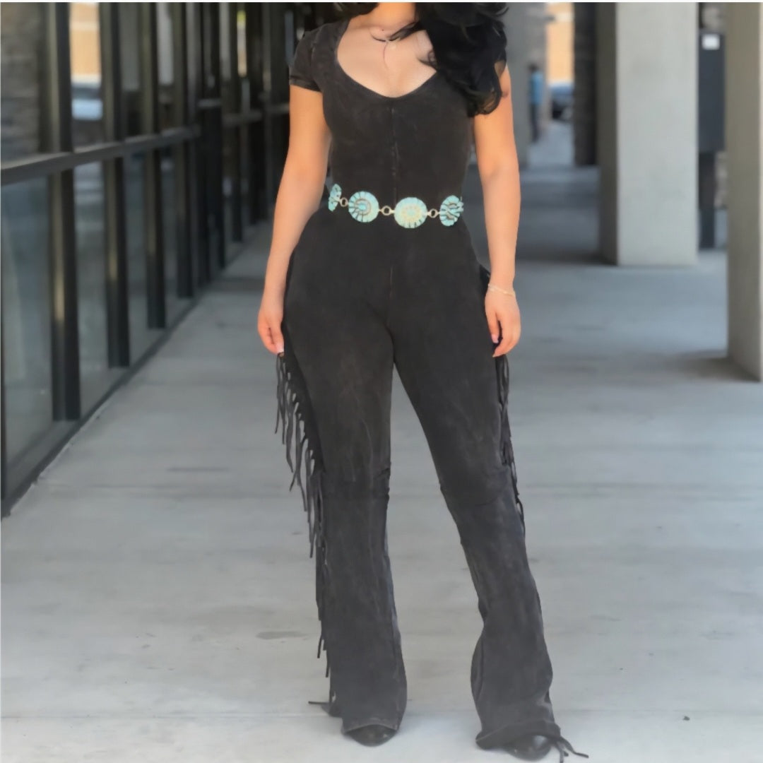 Black Mineral washed fringed jumpsuit