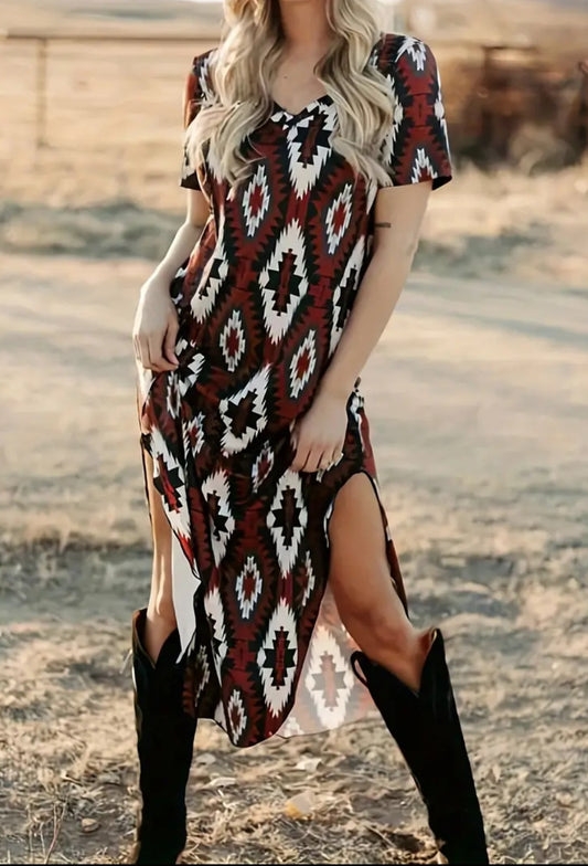 Aztec red midi side slit dress