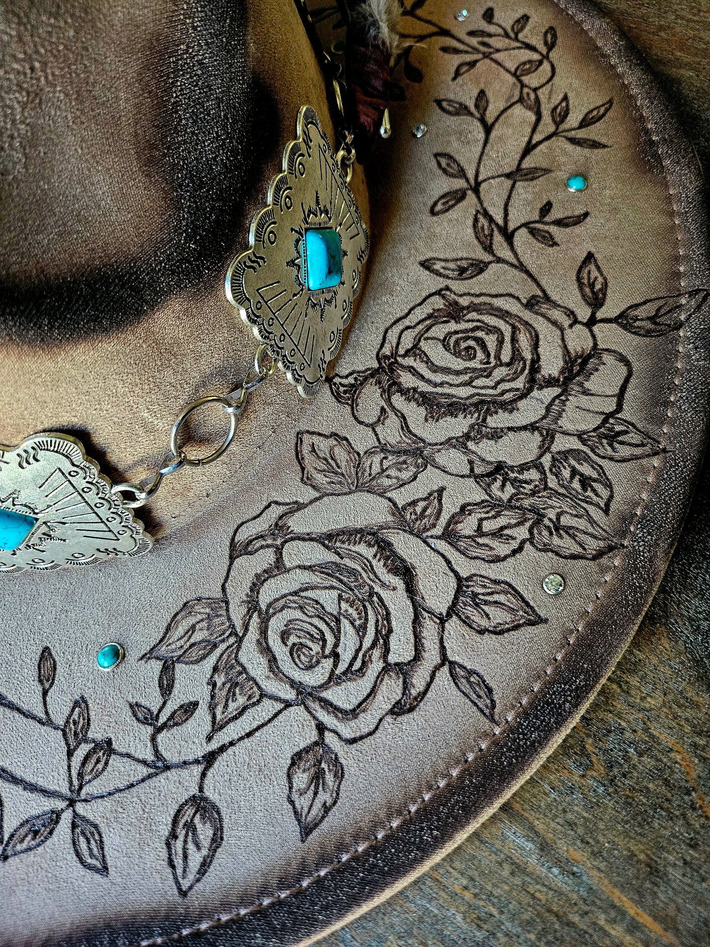 Handcrafted Western Cowboy Hat-Floral Tooled Leather & Feather Accent