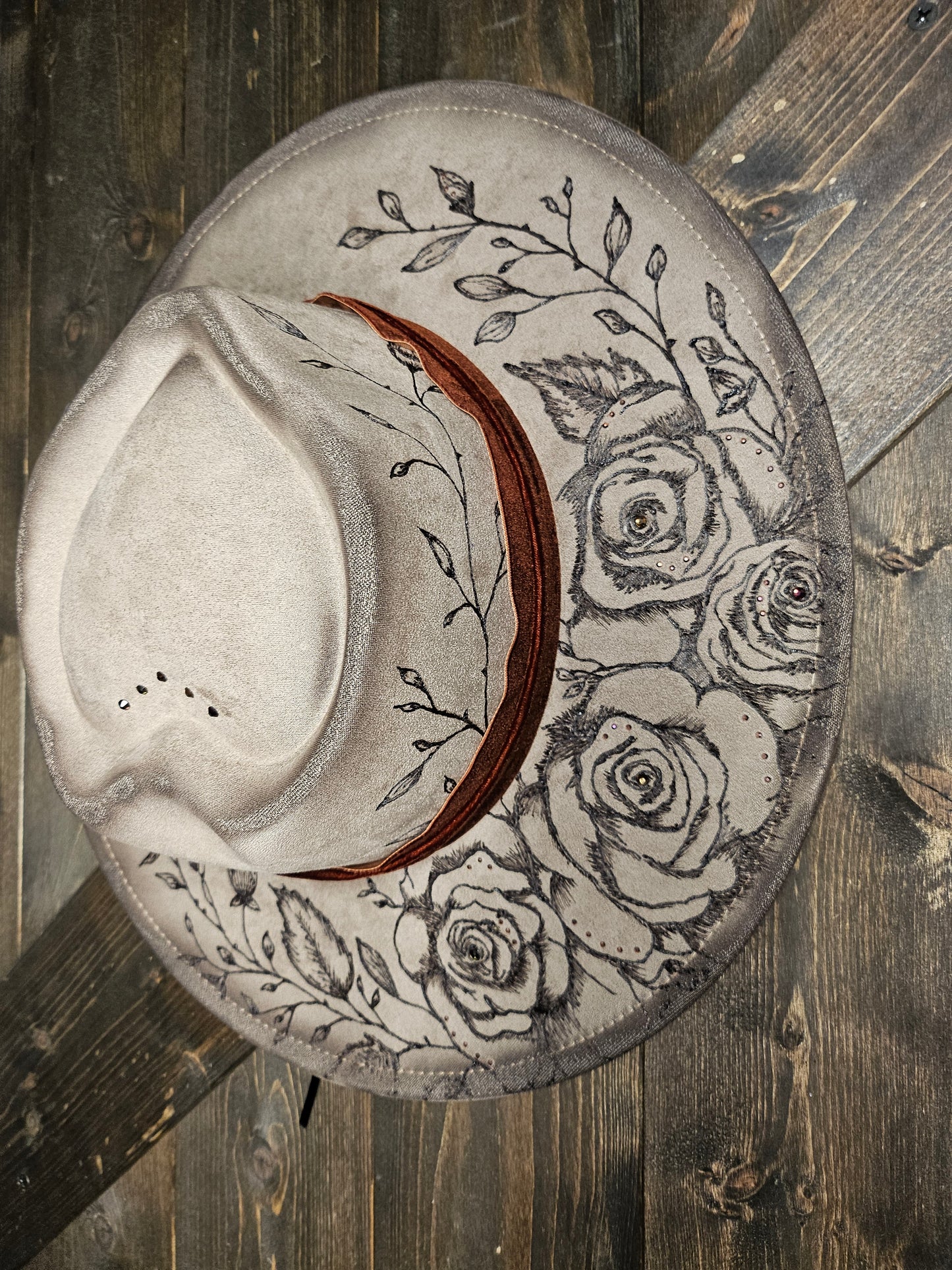 Beige valentines heart fedora  custom hand burned with roses and rhinestones.