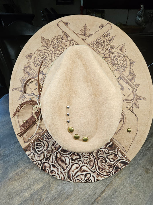 Tan Hand Burned Fedora Cowboy Hat With Guns And Roses