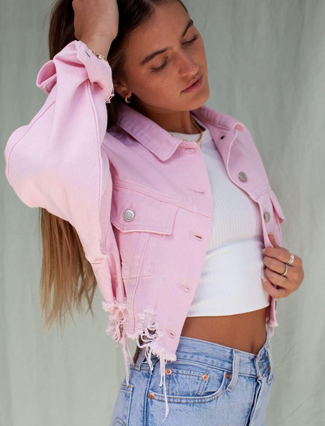Western Pink Cropped Denim Distressed Jacket