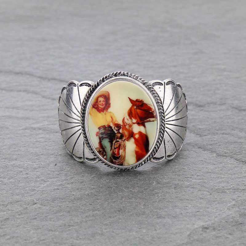 Western Vintage Silver Cowgirl Portrait Cuff Stretch Bracelet