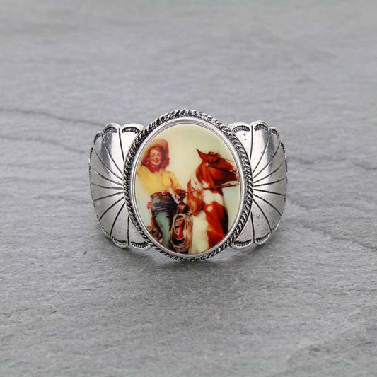 Western Vintage Silver Cowgirl Portrait Cuff Stretch Bracelet