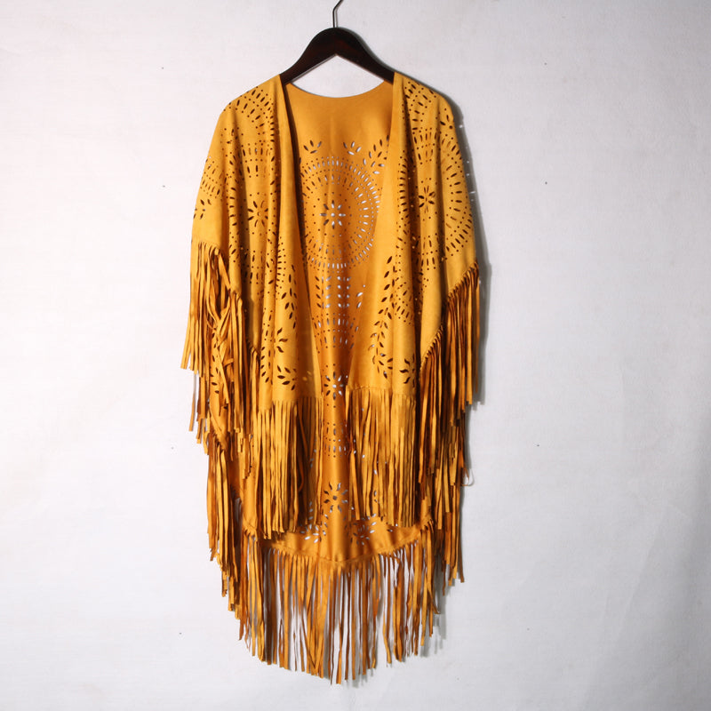 Western fringe cutout poncho shawl