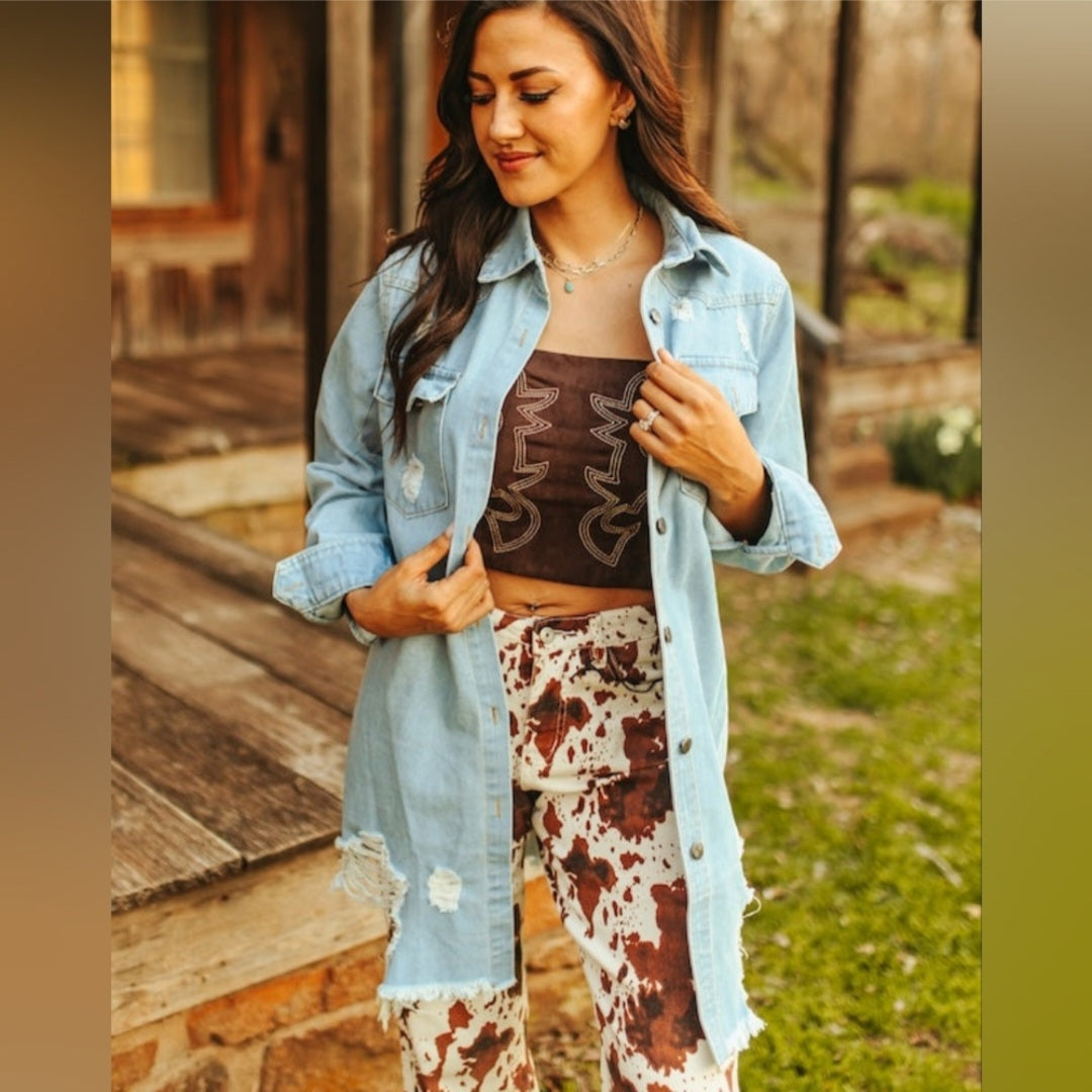 Stylish Distressed Light Blue Denim Jacket Top