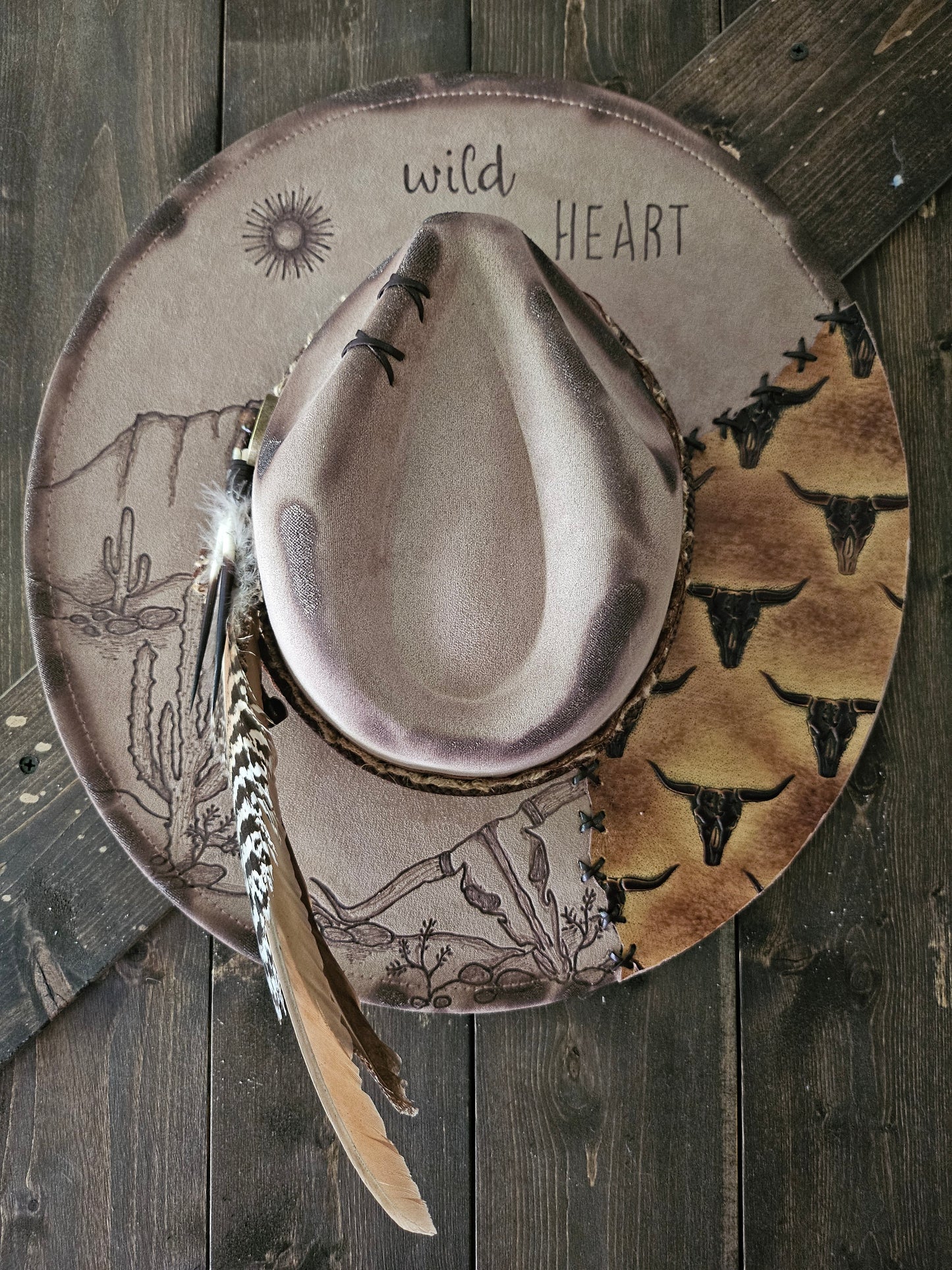 Wild heart desert scape burned Fedora cowboy hat.