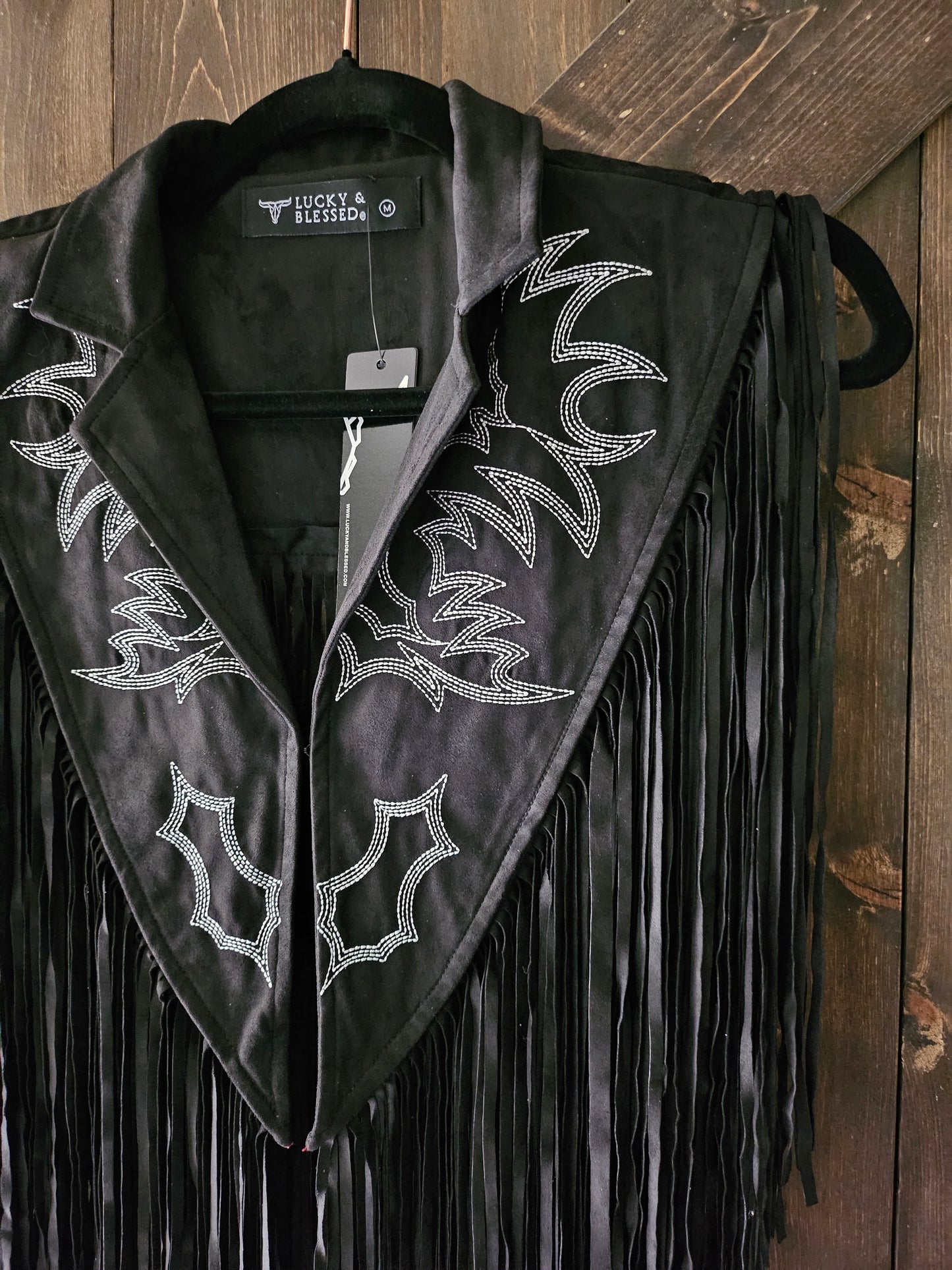 Black Boot-stitched Embroidered Western Cape W Fringe