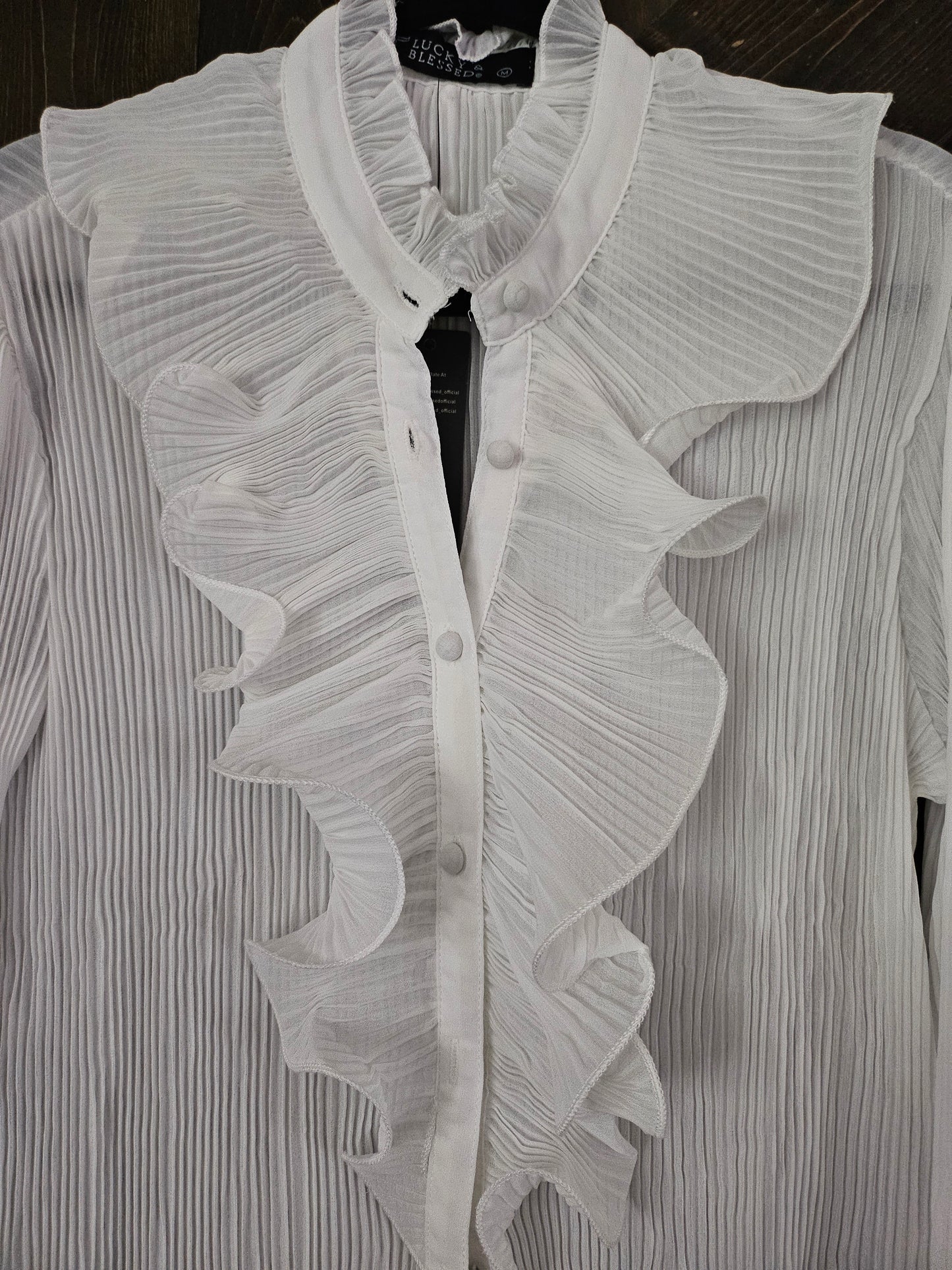 White Sheer long Sleeve Ruffle Front Blouse