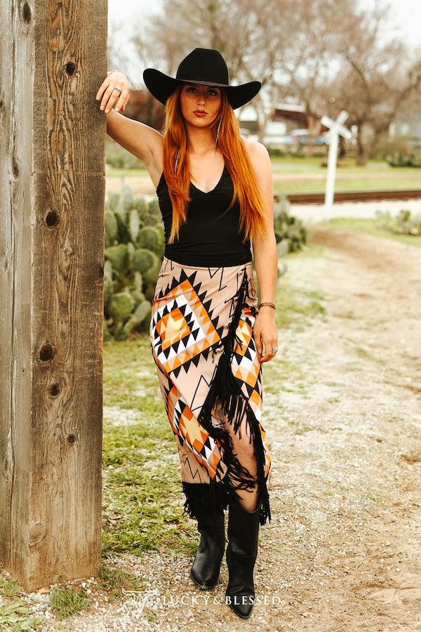 Aztec Fringe Asymmetrical Wrap Skirt