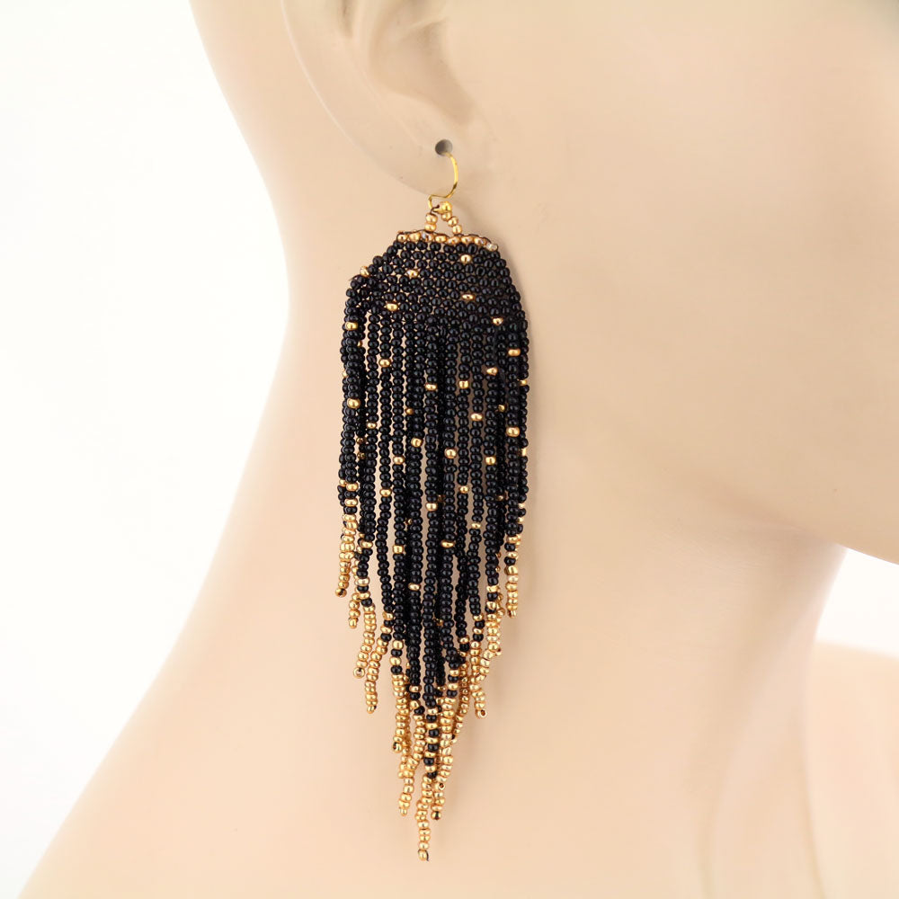 Black and Gold Long beaded boho tassel earrings