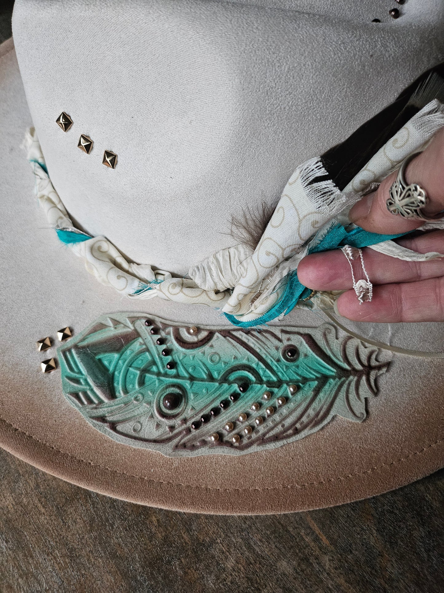 Ivory Fedora cowboy hat with embossed leather