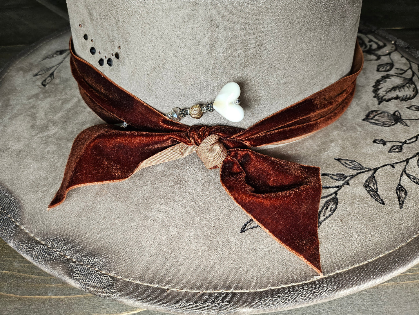 Beige valentines heart fedora  custom hand burned with roses and rhinestones.