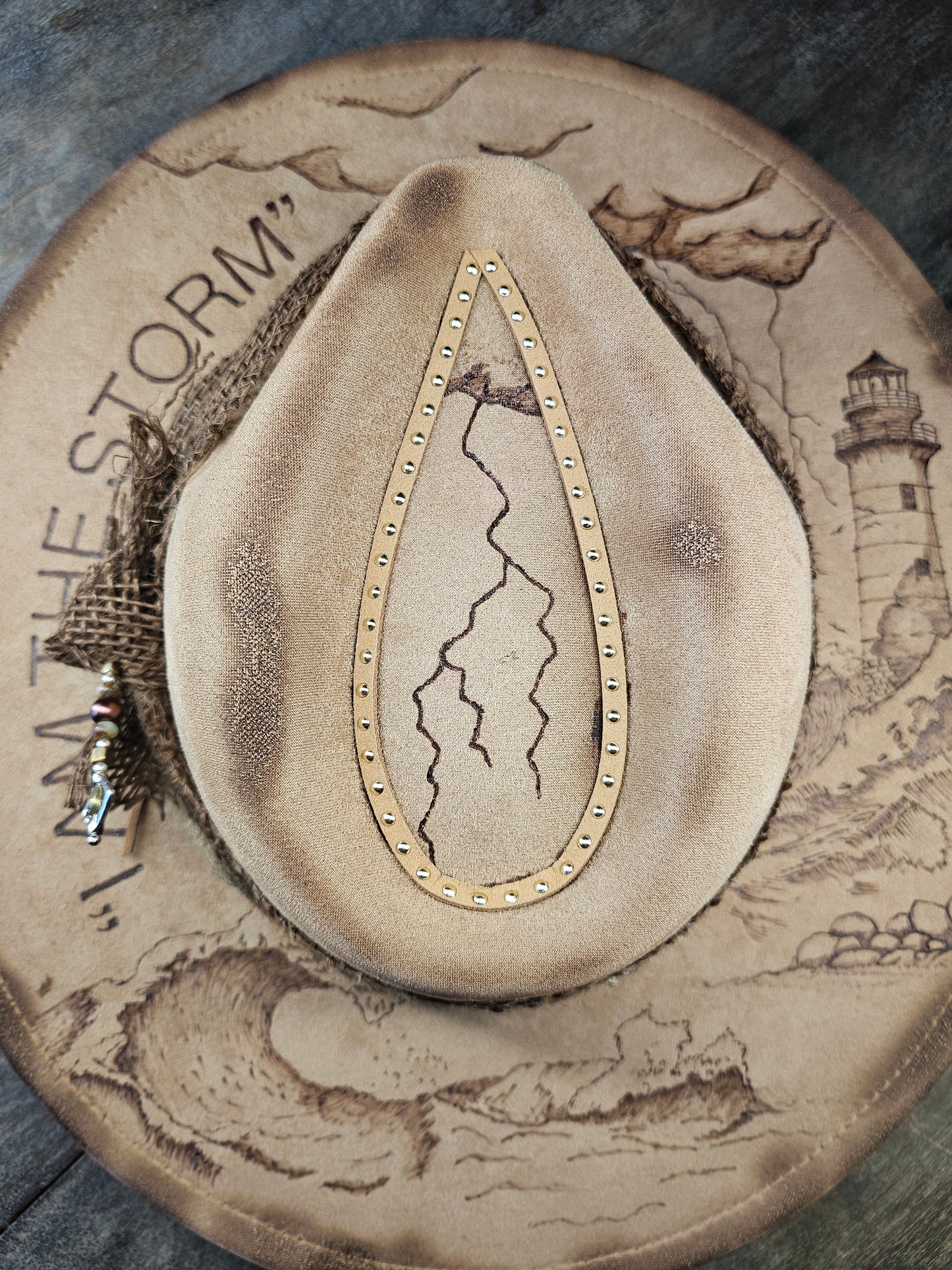 Beige fedora cowboy hat "I am the storm" faux suede