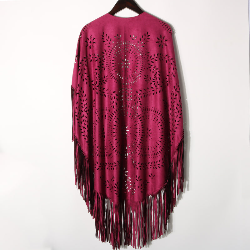 Western fringe cutout poncho shawl