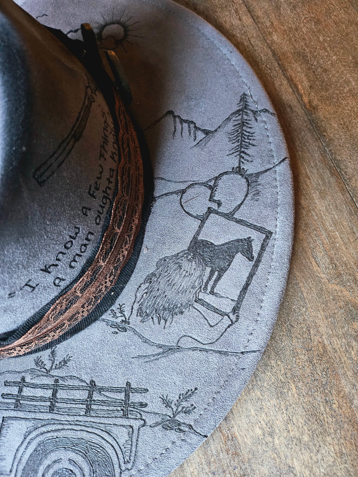 Grey hand burned fedora cowboy hat